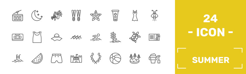 summer icon set with funicular, moon, island with palm trees, sand bucket and shovel signs in flat outline style © Abstract