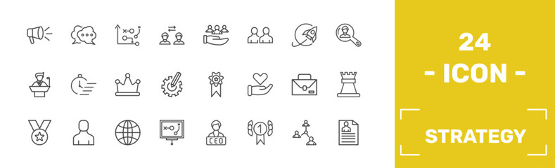 strategy icon set with advertising, speech, strategy management, resume signs in flat outline style © Abstract