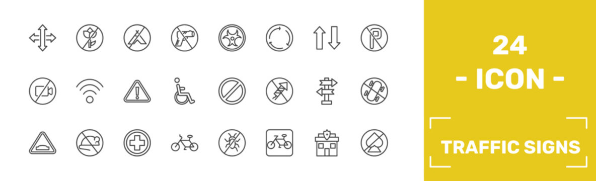 traffic signs icon set with crossroads, no picking flowers, no camping, no gambling signs in flat outline style