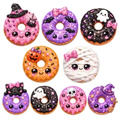 Fototapeta premium A collection of adorable Halloween-themed donuts featuring cute designs and vibrant colors.