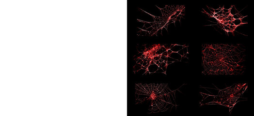 Set of red spider web elements for halloween decoration designs isolated on black background includes collection of various glowing creepy insect trap patterns for art. © Creative Png