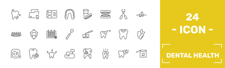 dental health icon set with shiny tooth, dental folder, dental monitor, floss signs in flat outline style © Abstract