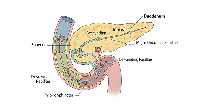 Anatomy of the human duodenum interior structure.