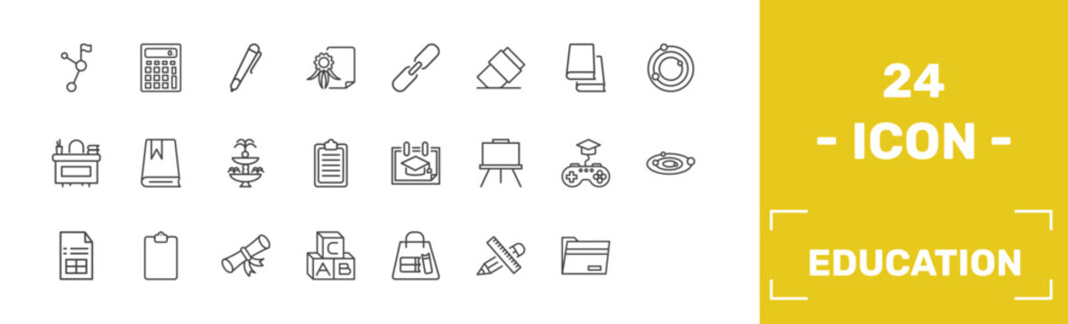 education icon set with halfway, school calculator, ballpoint pen, black folder signs in flat outline style