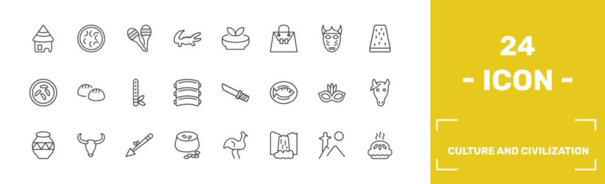 culture and civilization icon set with mud hut, fabada, maracas couple, meat pie signs in flat outline style