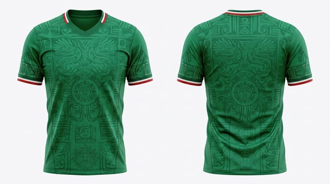 Front and back view of a green soccer jersey with aztec patterns
