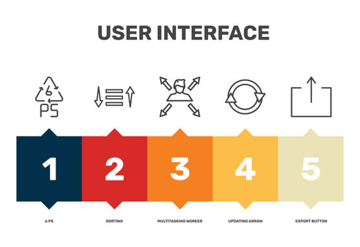 user interface icon set with 6 ps, multitasking worker, updating arrow, export button signs in flat outline style