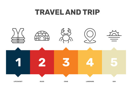 travel and trip icon set with lifejacket, crab, landmark, sun signs in flat outline style