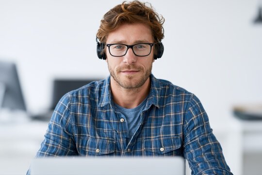 Man working remote digital technology office setup