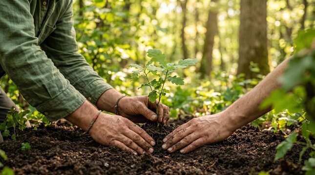 Two people work together to carefully plant a small green oak tree sapling into the rich dark forest soil floor