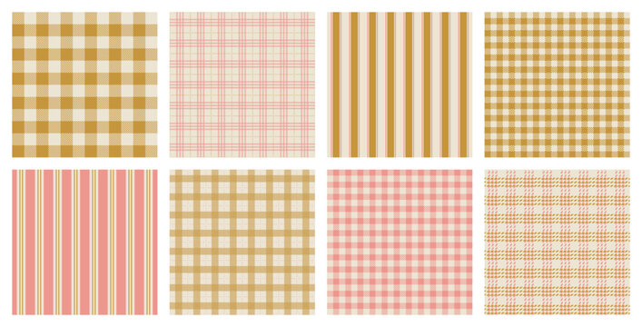 Set of yellow pink plaid gingham and striped seamless patterns designed for wallpaper fabric wrapping paper textile decor picnic tablecloth background and modern vintage surface print