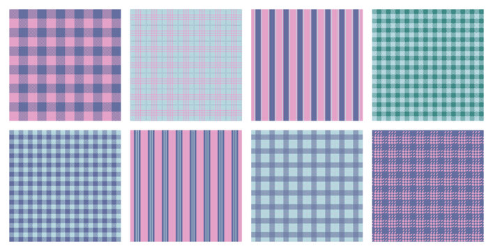 Seamless pastel pattern collection with purple, blue and teal plaid, stripes and checker textures for fabric printing, stationery, wrapping paper, wallpapers and trendy surface decoration sets