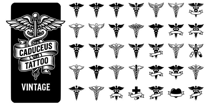 Caduceus Tattoo Vintage Black White-Serpent Wing Banner Medical-Symbol Vector-Caduceus Icon Tattoo-Hospital Quality Design Set