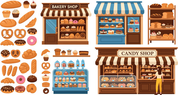 Bakery and Candy Shop Vector Mega Set Featuring Storefronts Cake Displays Bread Pretzels Donuts and Sweet Pastries for Cafes and Pastry Menu Designs