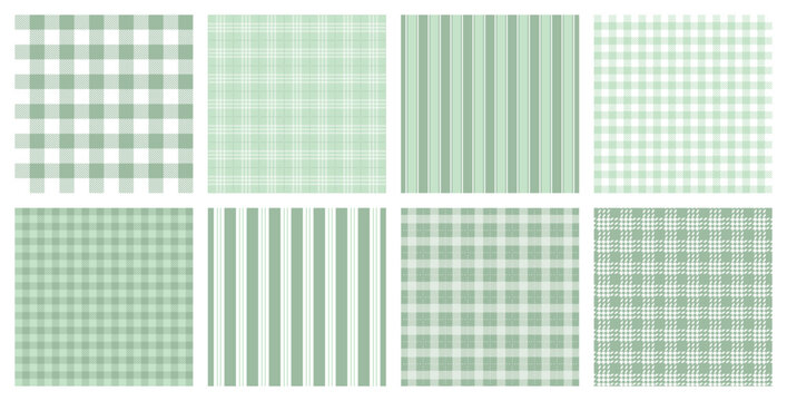 Soft green seamless plaid, striped and checkerboard patterns for wallpaper, textile printing, wrapping paper, organic branding, calming interiors and minimalist surface design collections
