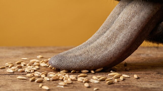 shot of a rough bull tongue licking grain seeds greedily