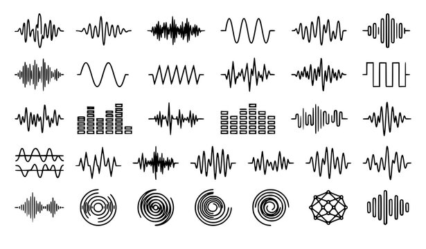 Monochrome audio sound wave vector set with radio frequency and digital equalizer symbols