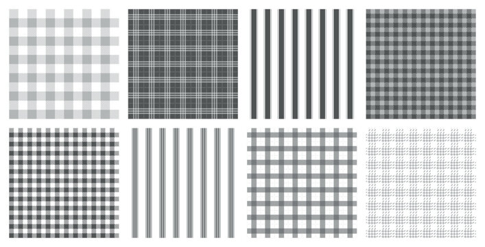 Seamless gray plaid and striped pattern bundle with monochrome checker textures, tartan grids and elegant geometric backgrounds for textile prints, wallpaper and modern decor