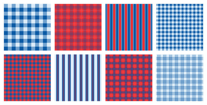 Seamless red and blue plaid pattern pack featuring bold tartan textures, striped geometric ornaments and checkered textile backgrounds for fashion, wrapping and wallpaper