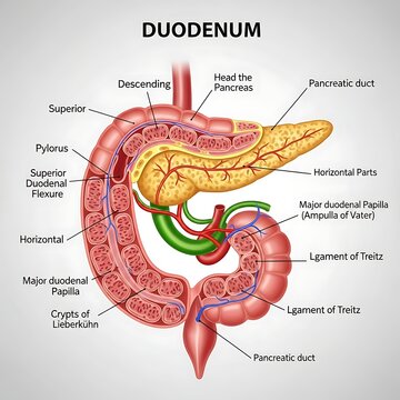 Detailed anatomical diagram of the human duodenum structure.