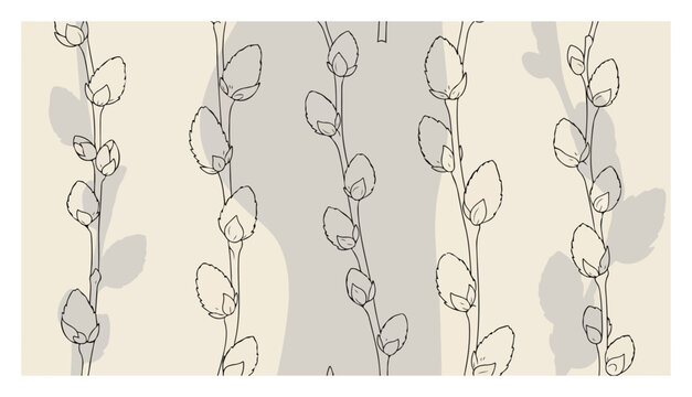 Willow branches with spring buds arranged in a vertical pattern over beige background