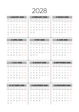 English 2028 Vertical 3x4 Grid Blank Annual Planner Grid Clean Business Yearly Calendar Template