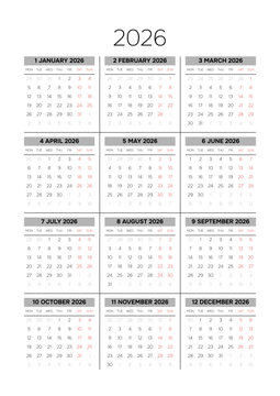 English 2026 Vertical 3x4 Grid Minimalist 12 Month Calendar Sheet Business Yearly Wall Planner