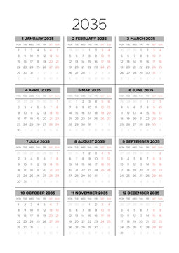 English 2035 Vertical 3x4 Grid Clean Business Calendar Poster Annual Yearly Schedule Grid