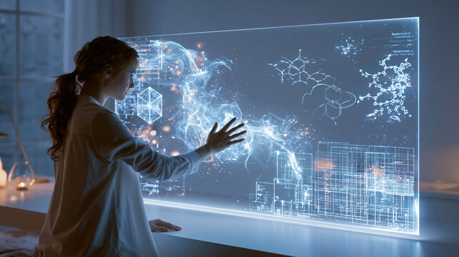 Young female engineer using transparent holographic interface with digital smoke and formula data