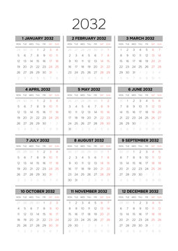 English 2032 Vertical 3x4 Grid Geometric Yearly Calendar Layout Modern Annual Business Planner