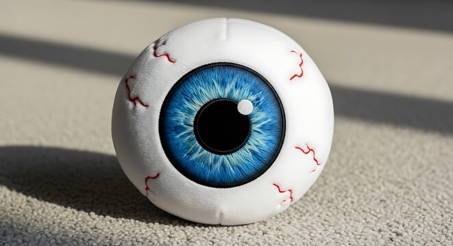 Close-up of a blue eye peeking through a hole in a white mask.
