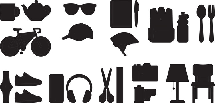 Black silhouettes of travel accessories active youth lifestyle gadgets and everyday home objects vector shapes set isolated on white background