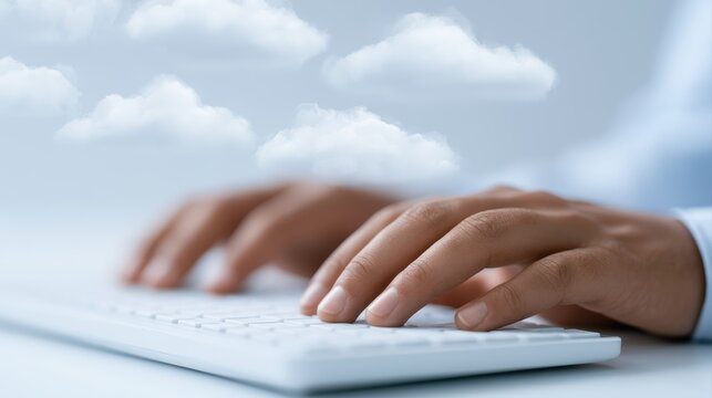 Hands typing on keyboard with floating cloud data icons, representing cloud computing and digital workflow automation