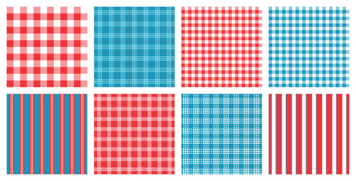Collection of red blue picnic gingham plaid striped seamless patterns for fabric wrapping wallpaper textile kitchen decor vintage tablecloth background and classic retro surface design set