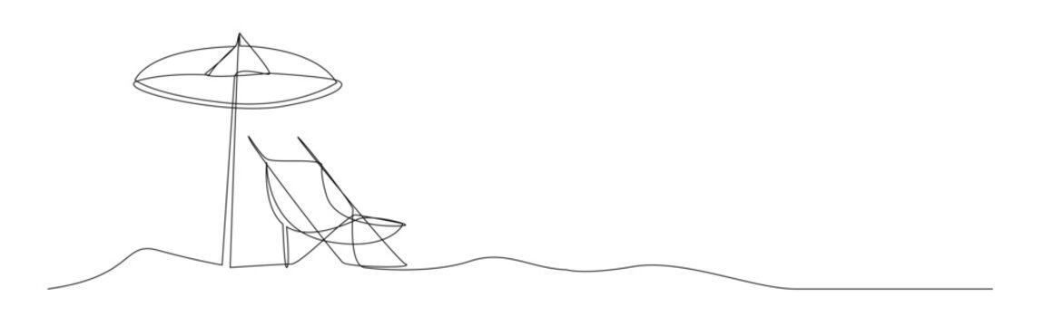 Single line drawing simple beach umbrella lounge deck chair wavy horizon sand relaxation.