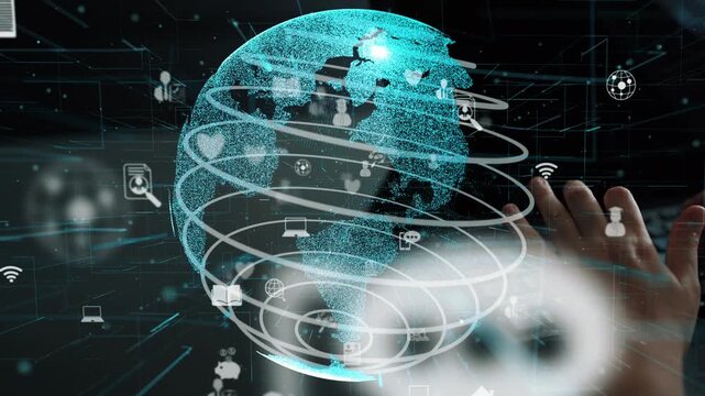 This vibrant digital artwork showcases a globe surrounded by technology icons, highlighting the interconnected nature of modern communication and global interaction. Xenic