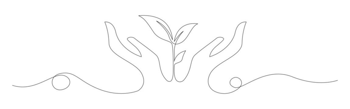 minimalist, line art, illustration, human, hands, cupping, small, plant, sprout, ecological, symbol, growth, nature, green, protection, care, environment, concept, eco-friendly, sustainability, nurtur