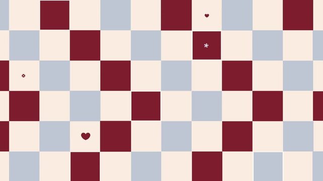 4k footage animation of love and flower daisy red blue and cream in checkered background colors. Argyle cute pattern with flower and hearts. Valentines' day, wedding, birthday, ornament