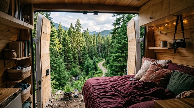 Cozy interior view from inside a custom converted camper van looking out the open back doors into a lush green pine forest with a comfy bed.