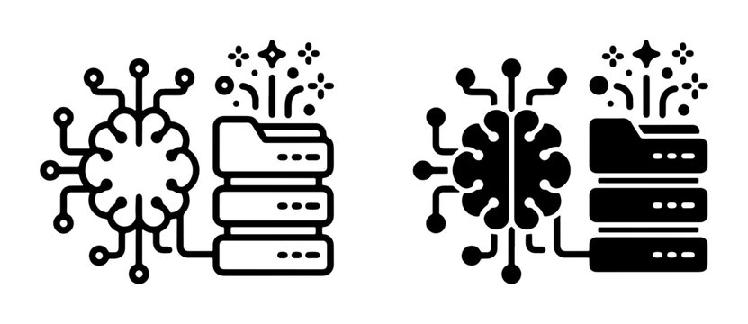 Artificial Intelligence Data Processing Icons, AI Machine Learning Data Storage and Analysis Symbols, Neural Network Data Mining and Cloud Computing Icons