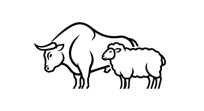 Minimalist bull and sheep line art vector, farm animal livestock illustration, clean black and white cattle and ewe icons for agricultural branding