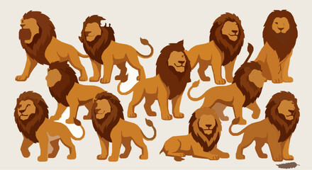 Fototapeta premium Creative lion character vector set with powerful king animal illustrations
