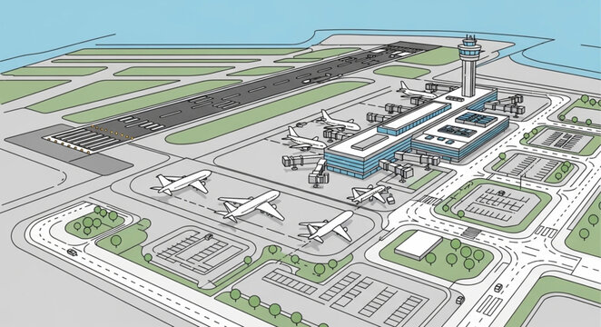 Modern Airport Terminal Building and Airplanes Design.