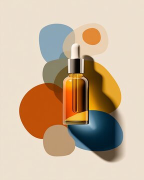 Amber glass dropper bottle with pipette on a minimal abstract background of overlapping colorful shapes