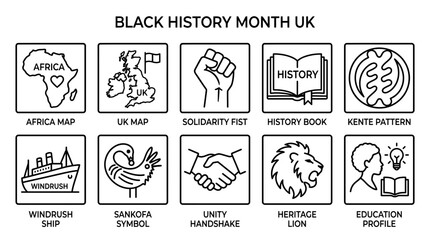 A collection of ten hand drawn icons representing Black History Month in the United Kingdom. © Suhadi_Martodimejo