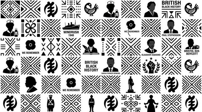 A collage of British Black history icons and Adinkra symbols in a monochrome pattern.