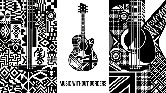 A detailed acoustic guitar illustration featuring intricate black and white geometric patterns.