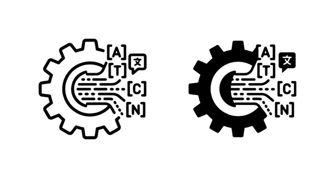 Machine Translation Icons, Gear Cog and Text Translation Symbols, Linguistic Processing Vector Set, Communication Technology Concepts