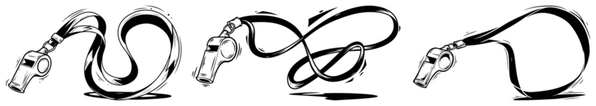 Whistle on a lanyard set for sports referees in black and white comic style