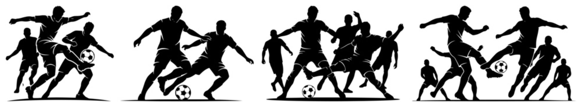 Professional soccer players dribbling and tackling during dynamic match action silhouettes collection